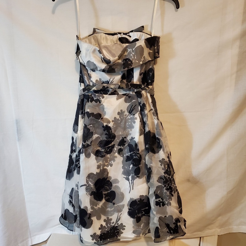 White House Black Market Sz 00 Black White Floral Strapless Dress Cocktail/Prom - Picture 5 of 7
